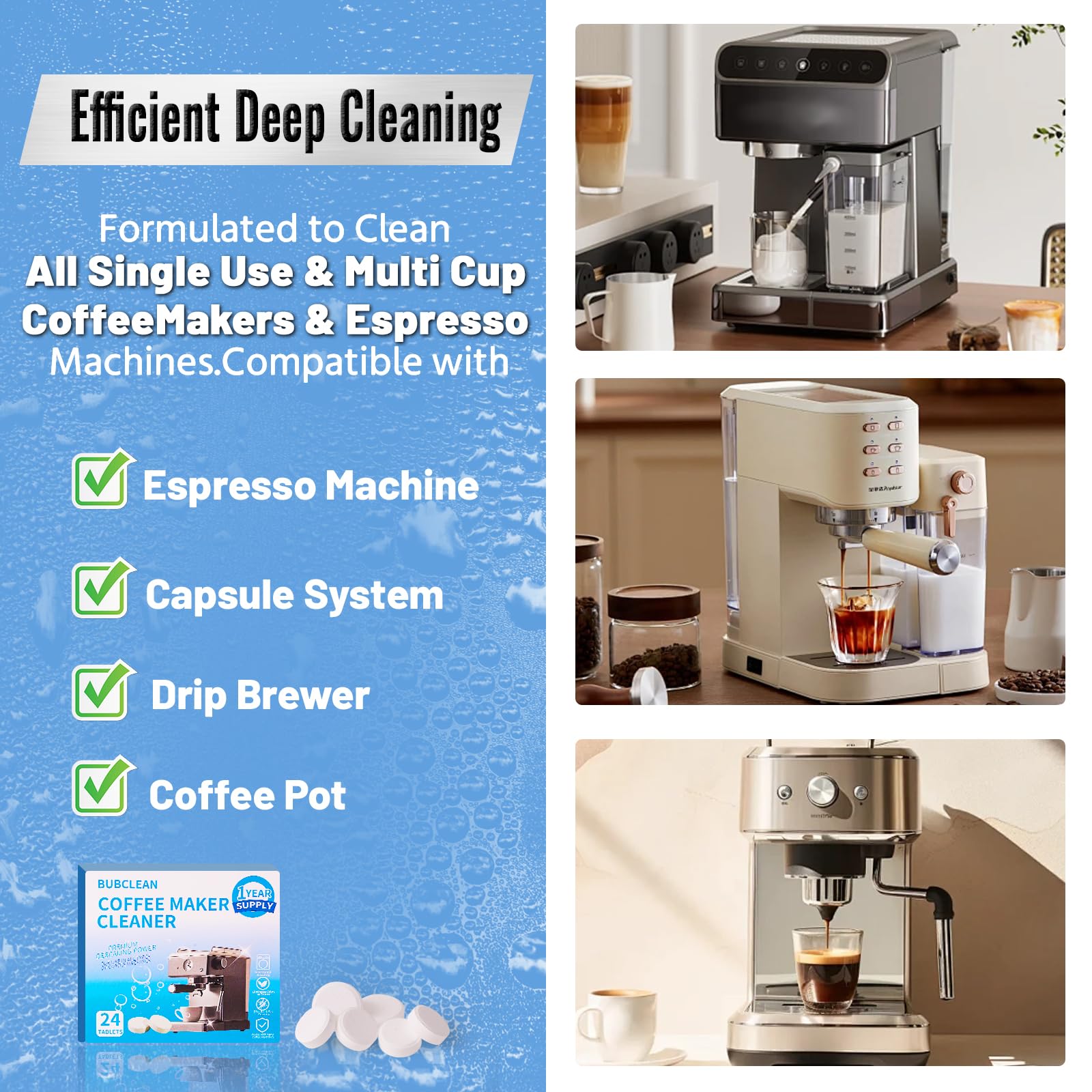 BUBCLEAN tablets used on a drip coffee maker for fresh results.