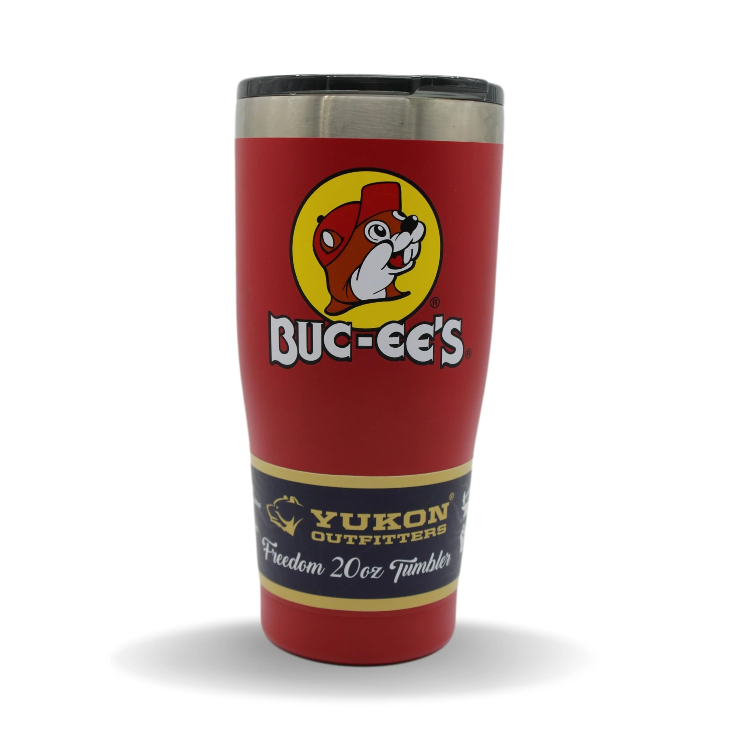 Buc-ee's red stainless steel tumbler featuring Bucky the Beaver, 20 oz, keeps drinks cold