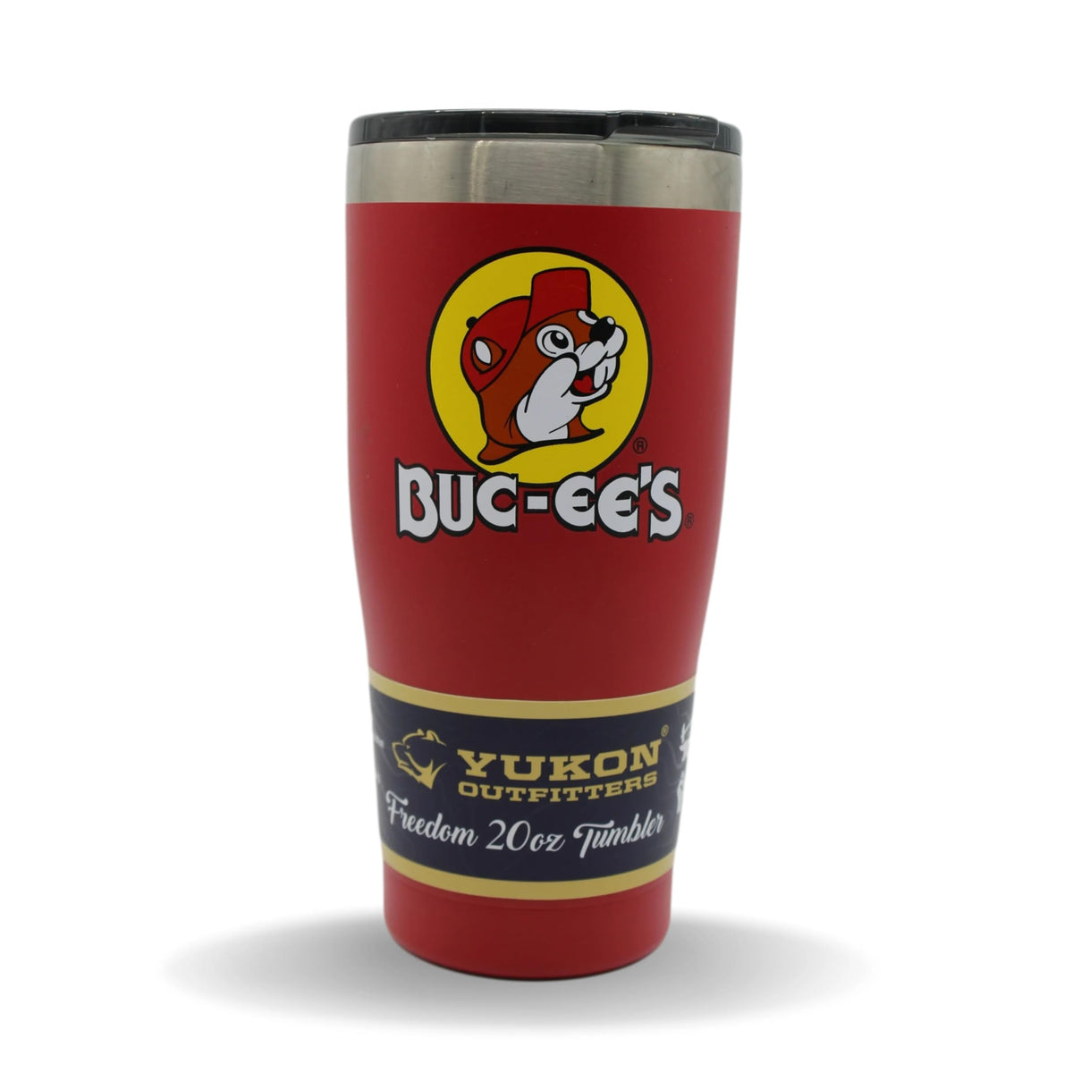 Buc-ee's red stainless steel tumbler featuring Bucky the Beaver, 20 oz, keeps drinks cold