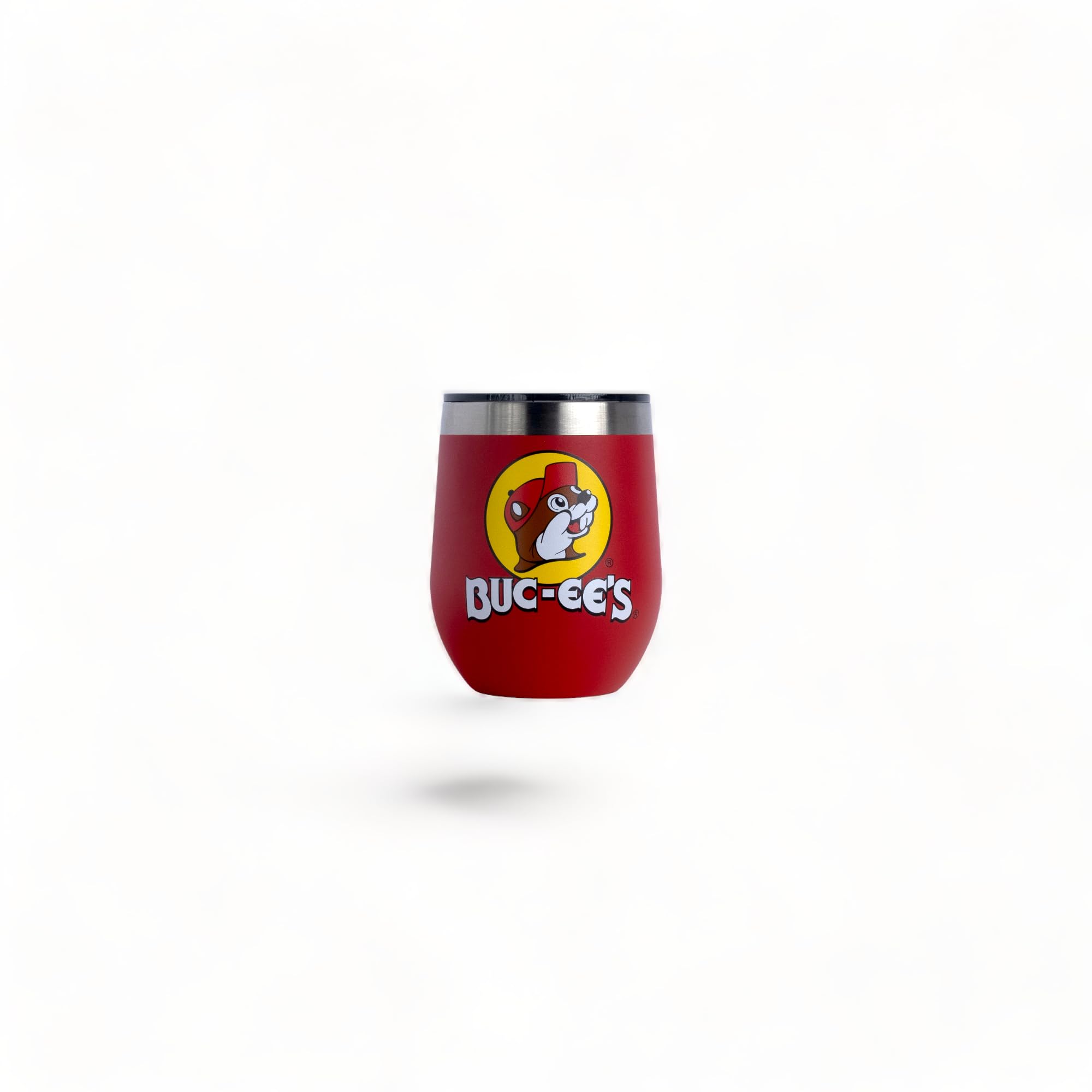 Buc-ee's 10 oz wine tumbler with red lid, double-wall insulation for temperature control.
