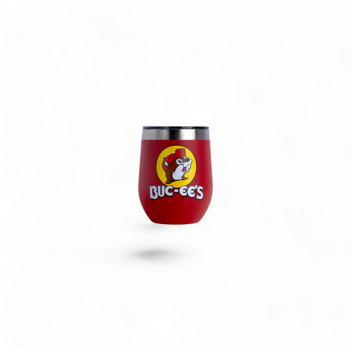 Buc-ee's 10 oz wine tumbler with red lid, double-wall insulation for temperature control.