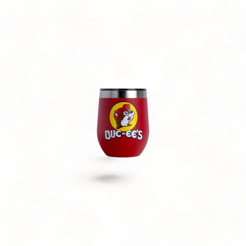 Buc-ee's 10 oz wine tumbler with red lid, double-wall insulation for temperature control.