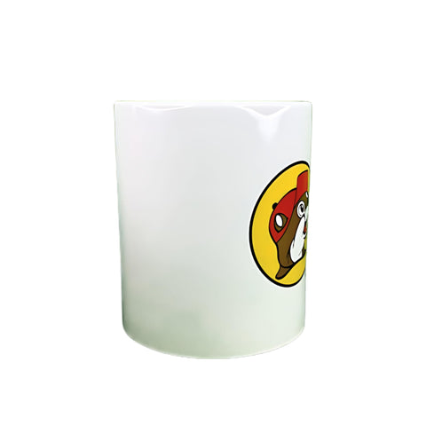 Buc-ee's beaver mug side view showing comfortable handle and classic branding