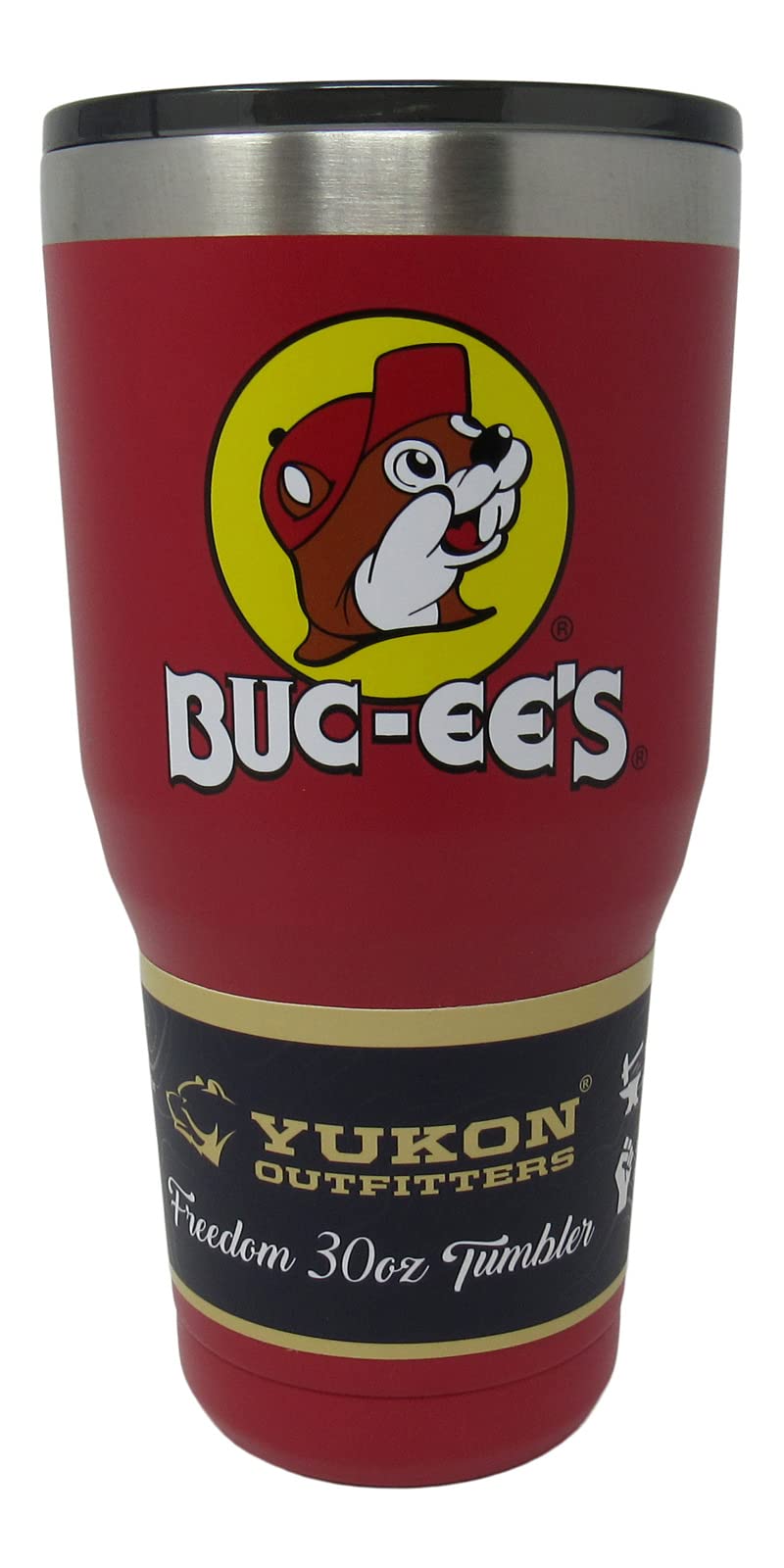 Buc-ee's red stainless steel tumbler with Bucky the Beaver keeps beverages cold for hours.