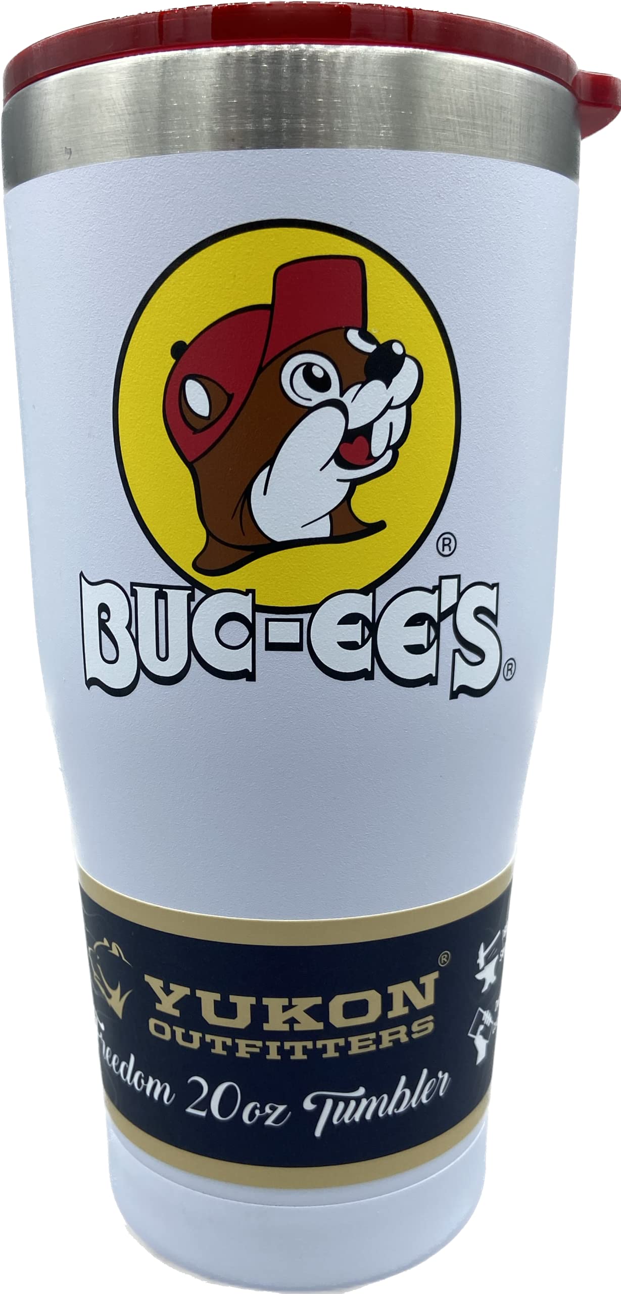 Buc-ee's white stainless steel tumbler front view with color logo keeps beverages cold.