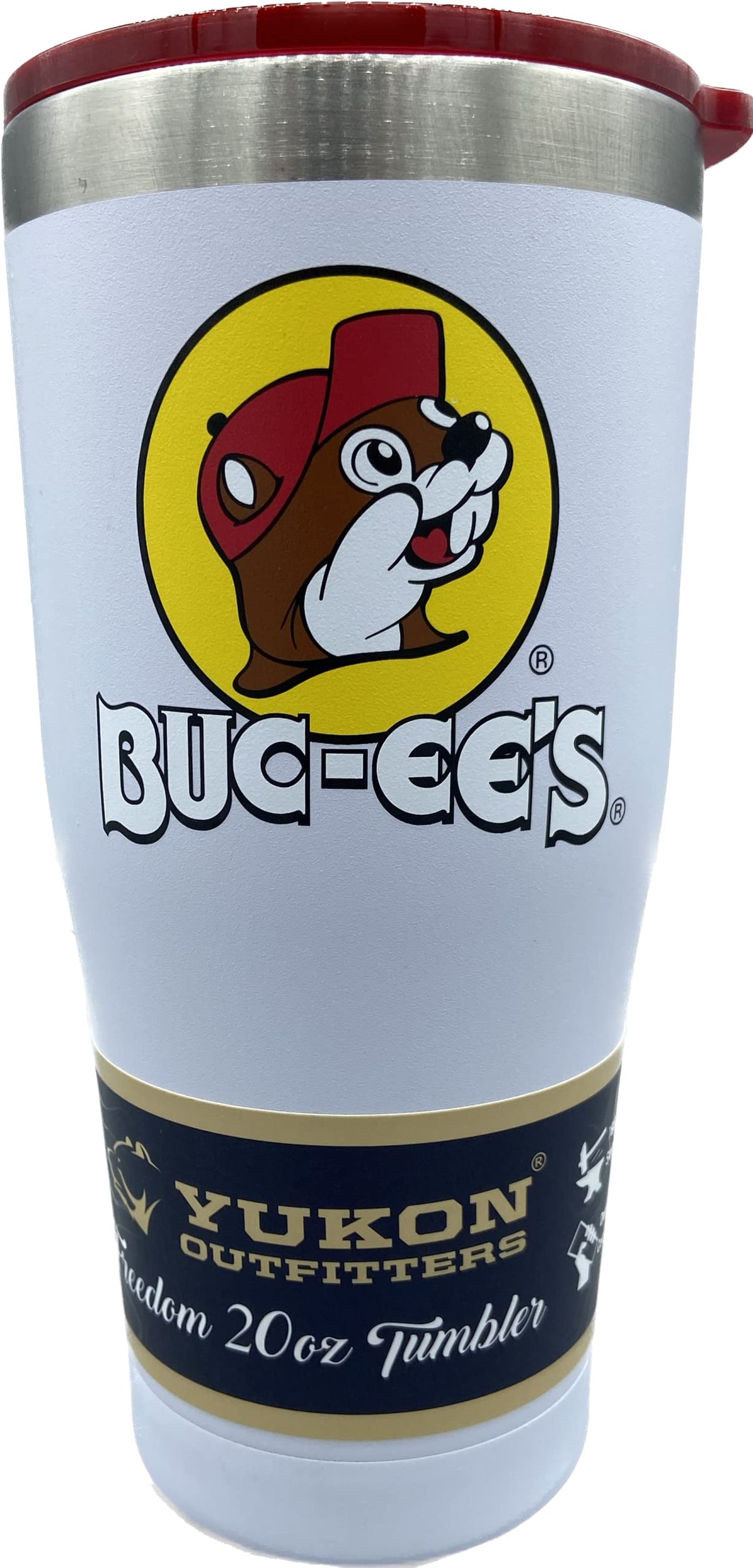 Buc-ee's white stainless steel tumbler front view with color logo keeps beverages cold.