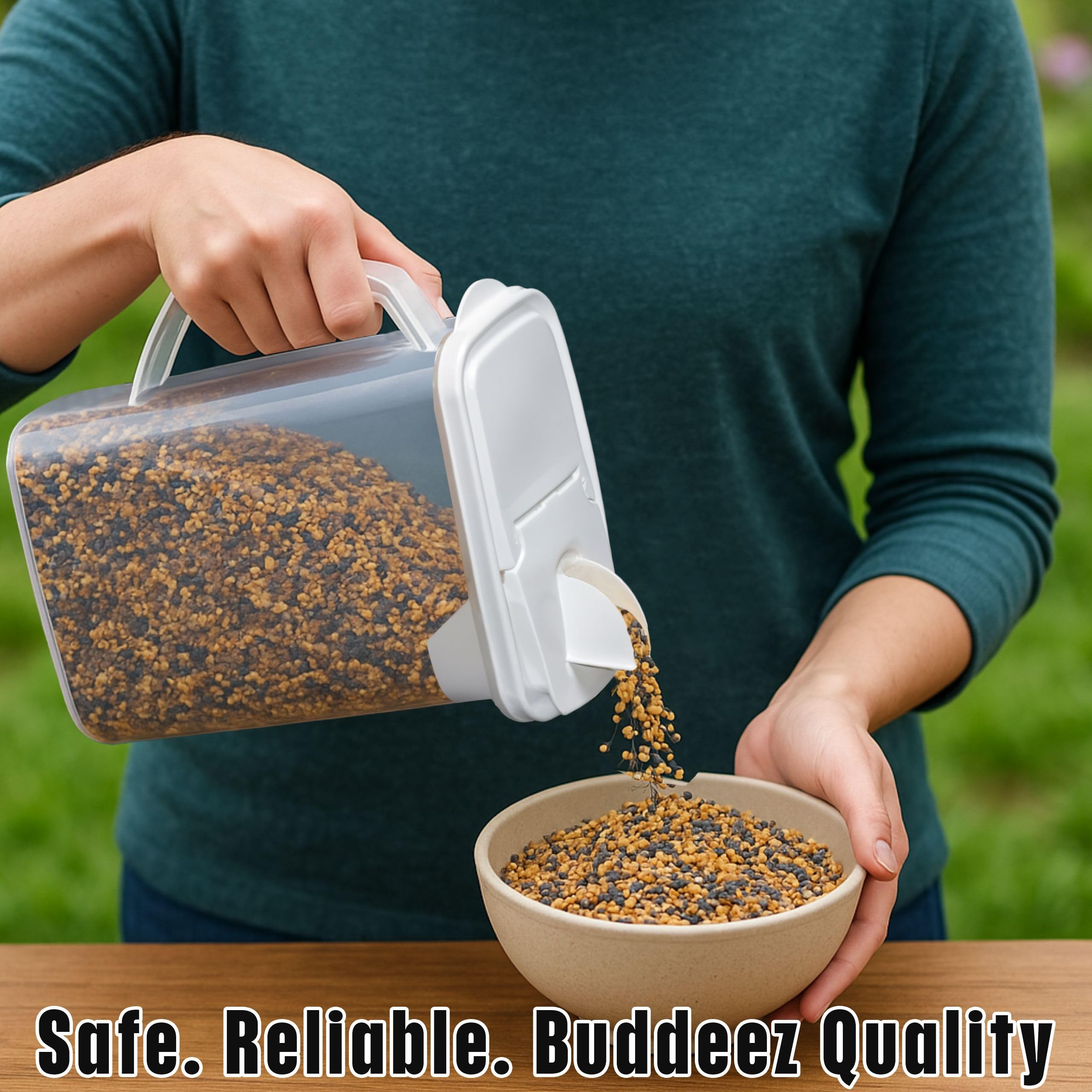 Buddeez bird seed dispenser 3.5qt with pour-tight lid keeps seeds fresh.