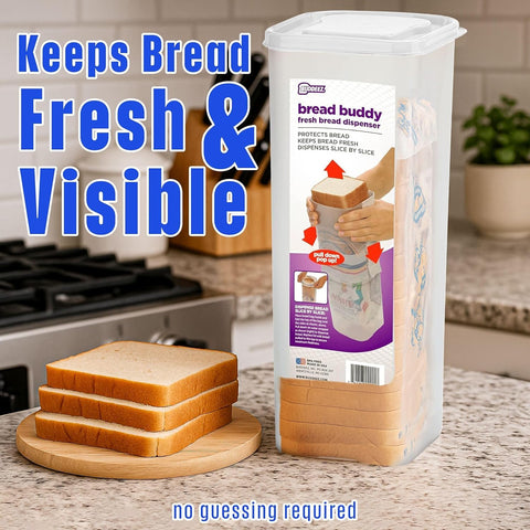 Buddeez Bread Buddy clear plastic lets you see bread type at a glance.