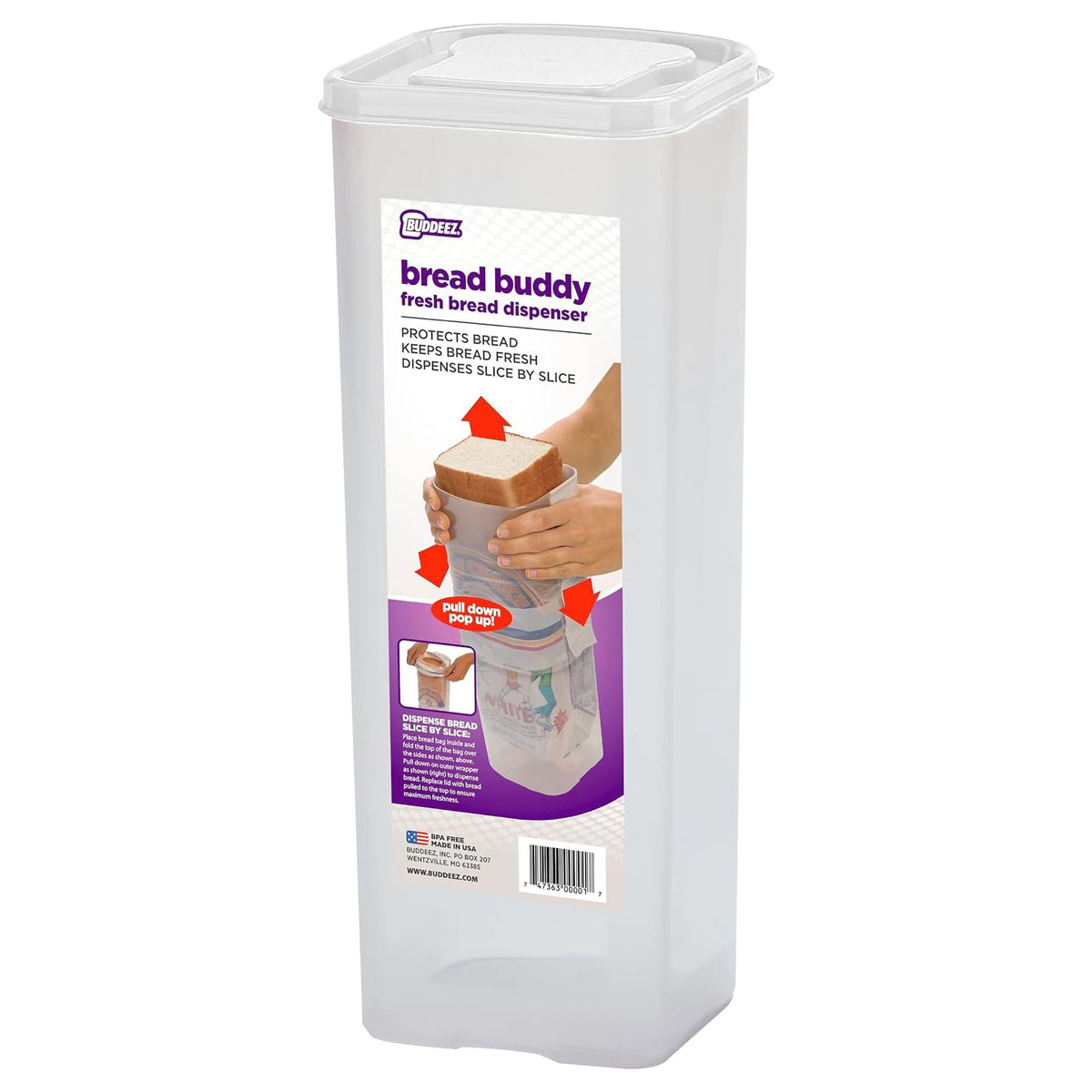 Buddeez Bread Buddy inside-bag view showing organized freshness and readability of information