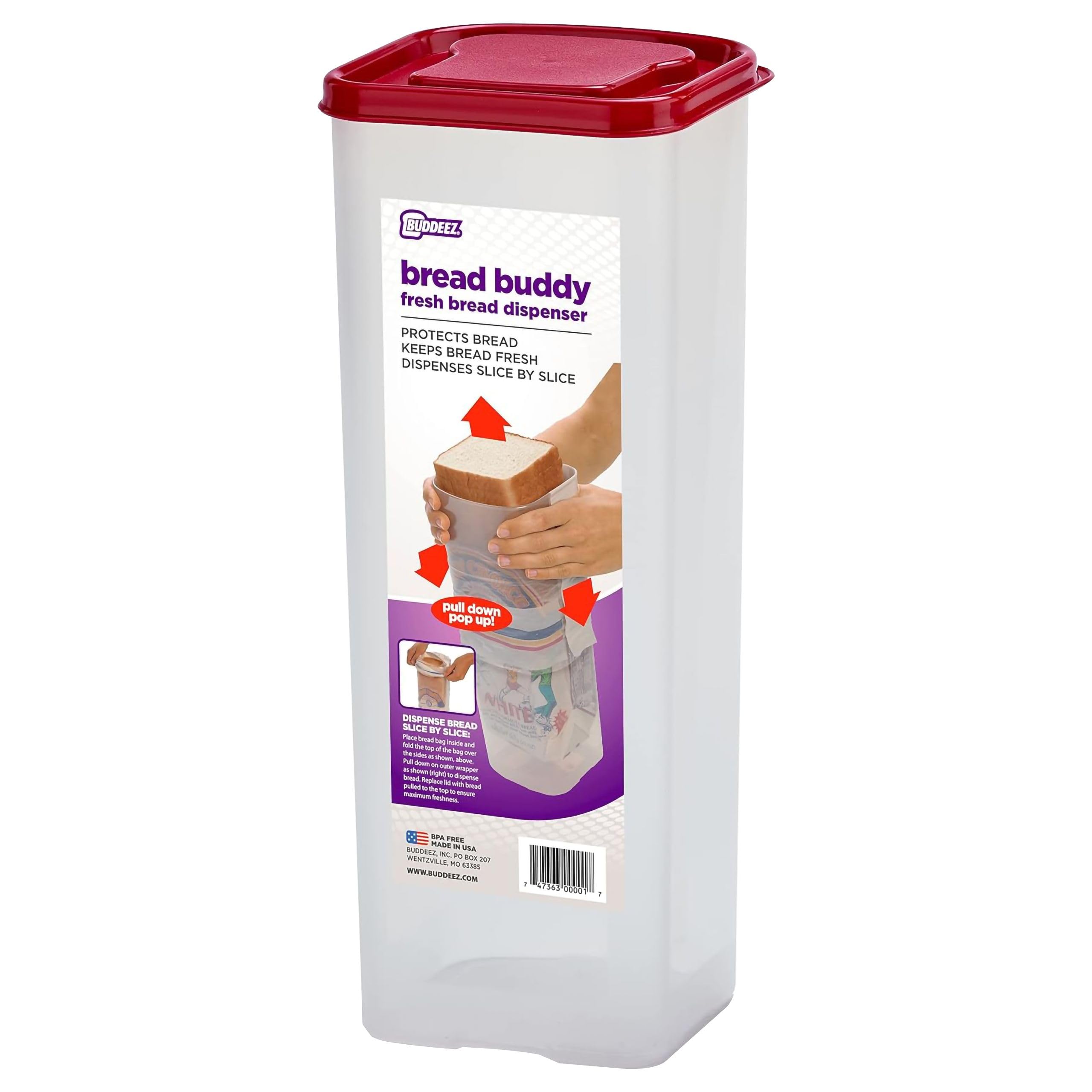 Buddeez Bread Buddy front view with red lid for easy access and fresh-keeping