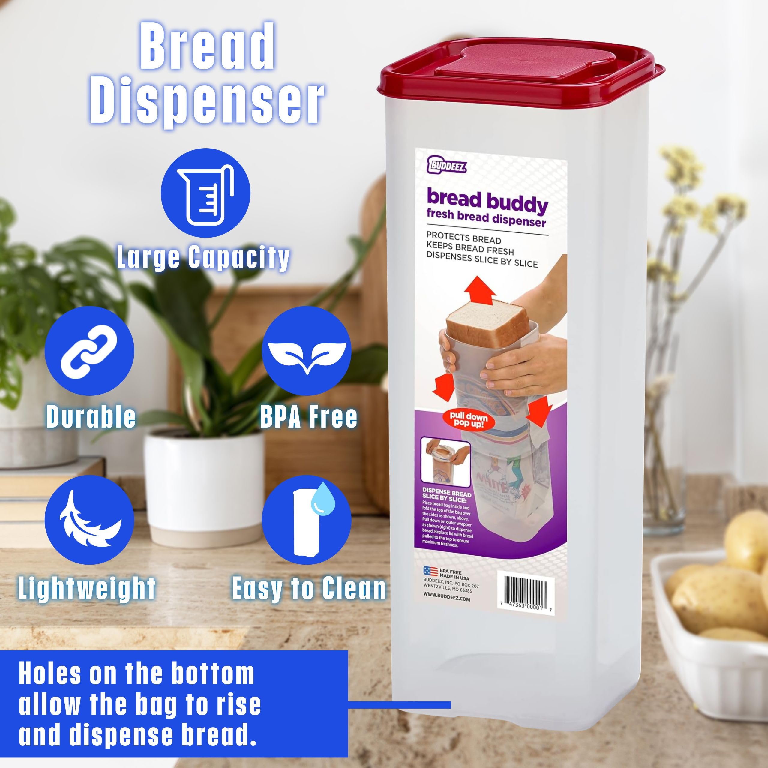 Buddeez Bread Buddy upright storage saves counter space for multiple loaves