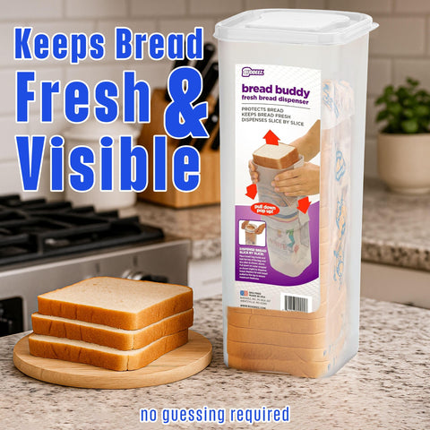 Buddeez Bread Buddy upright-storage demonstrating space-saving kitchen organization