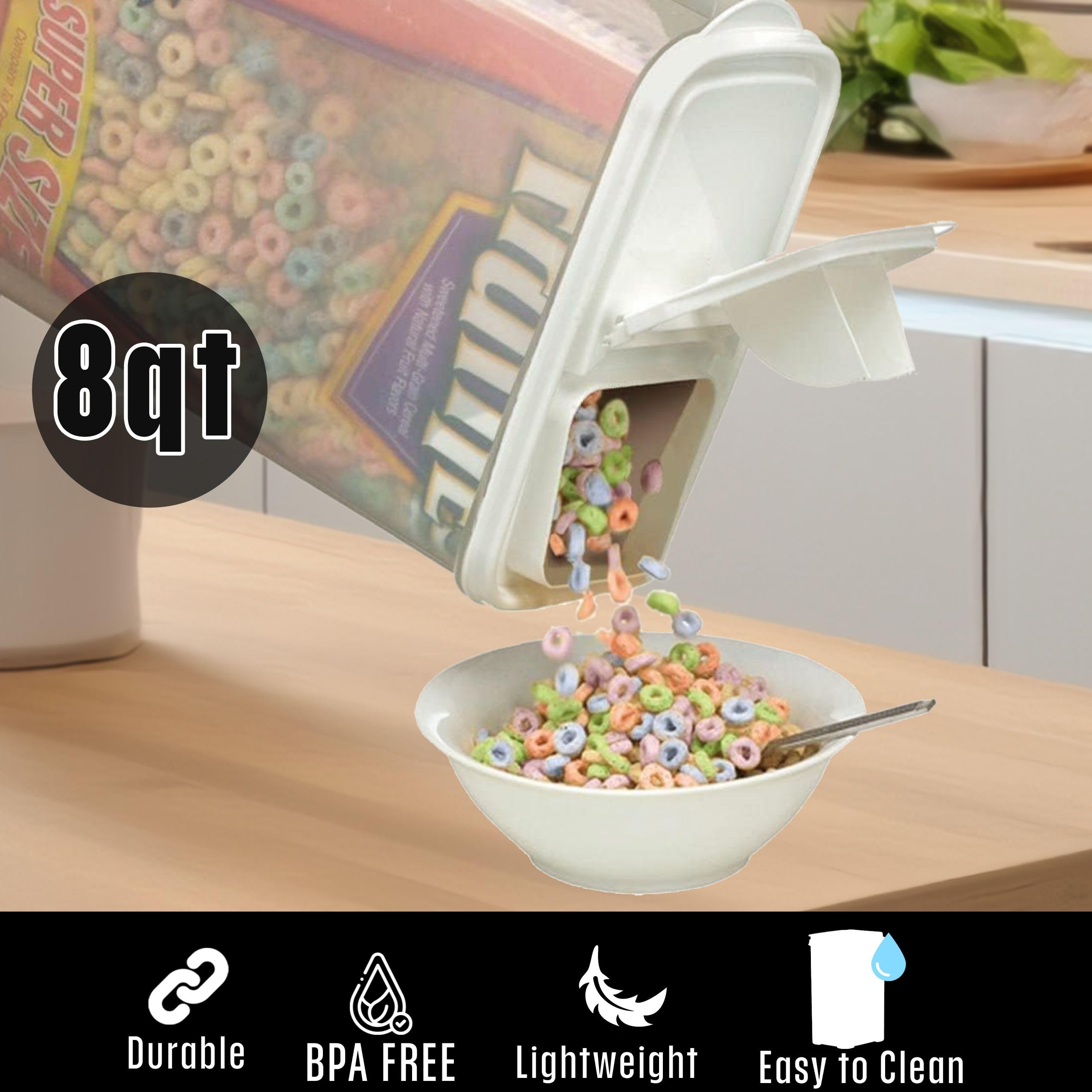 BPA-free container stores flour, sugar, and rice with easy access