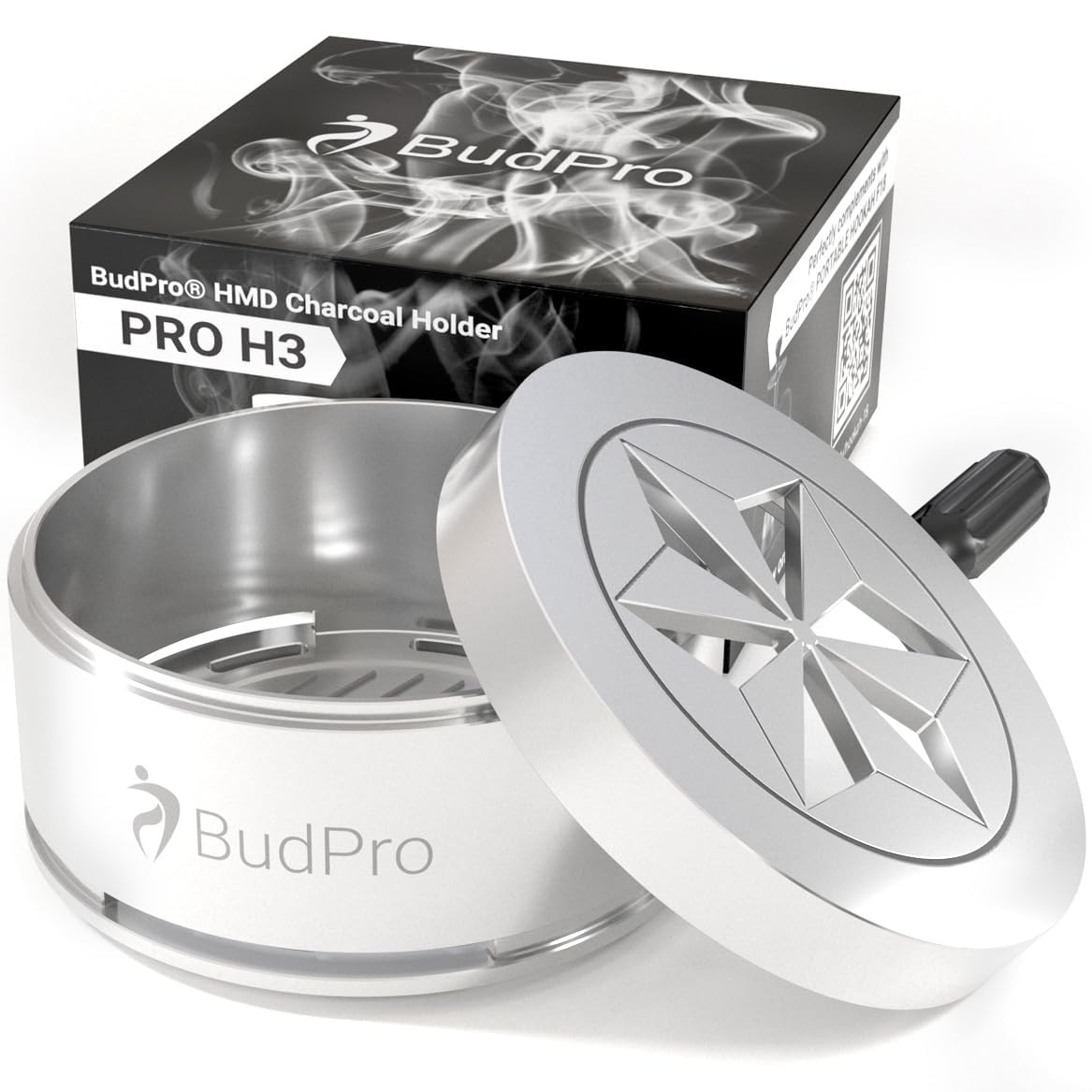 BudPro ProH3 heat-management cover balances coals for richer hookah flavor.