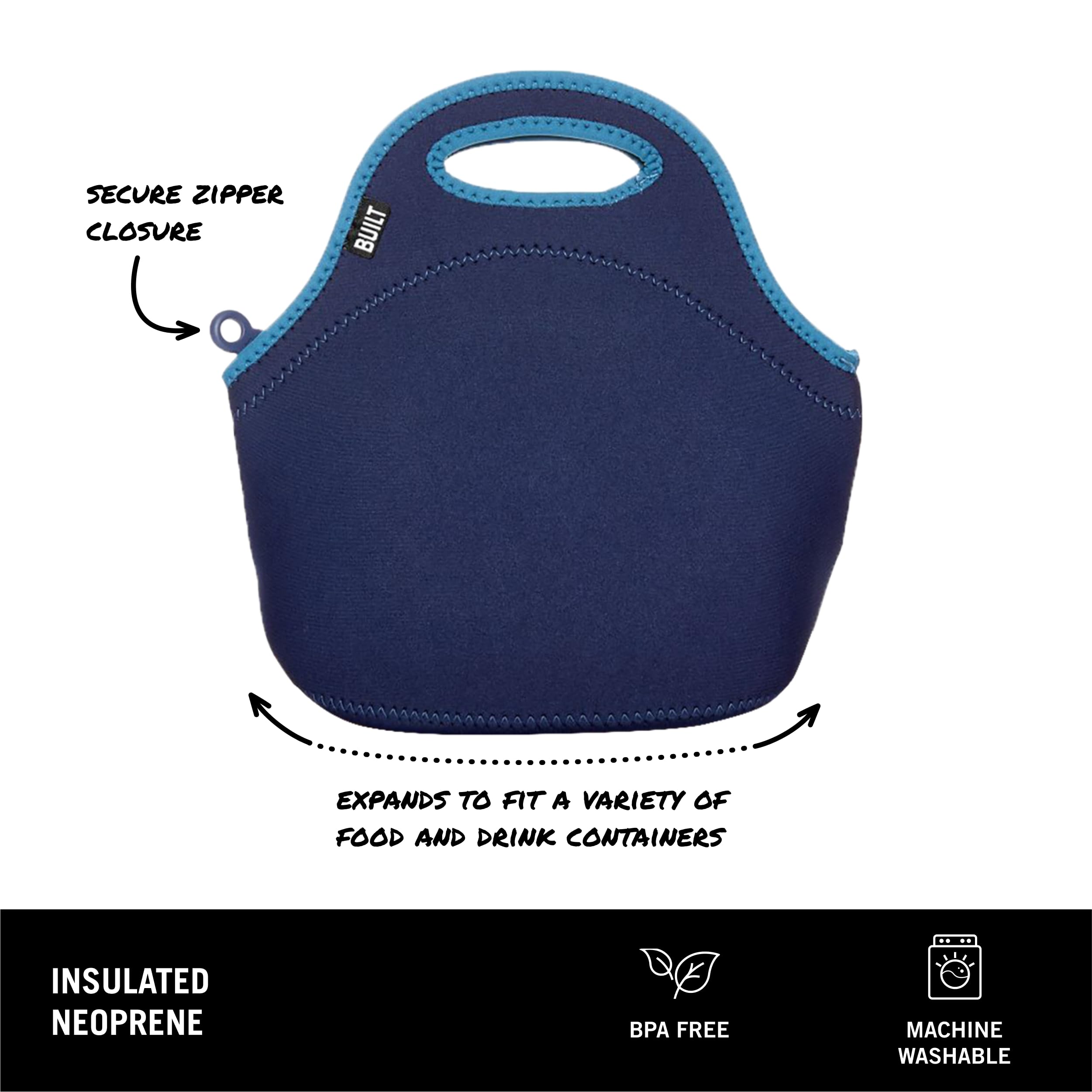 Built Gourmet Getaway lunch tote opened with zipper for quick meal access