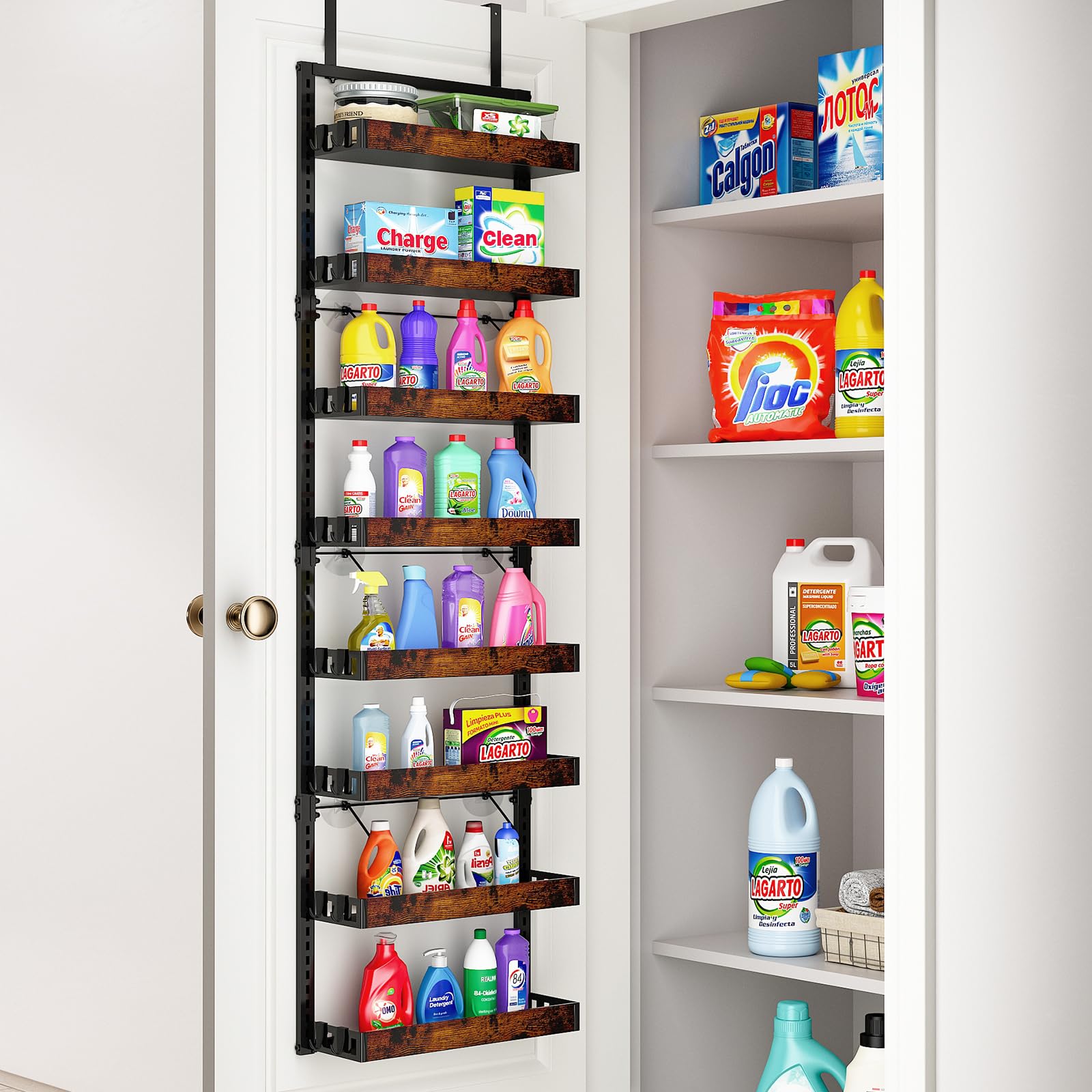 Bukfen 8-tier system keeps bottles, jars, and condiments within arm's reach.