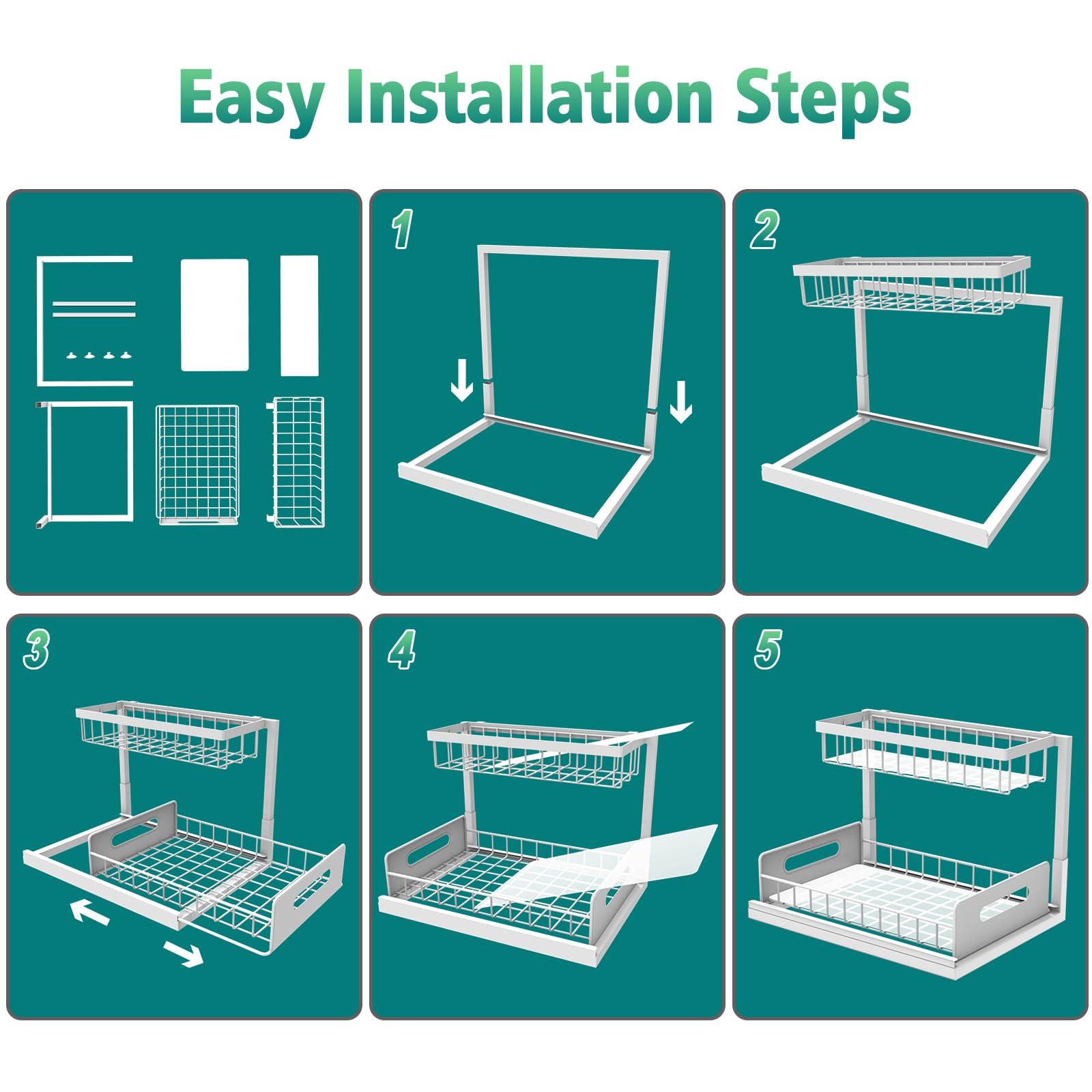 Bukfen versatile under-sink organizer for kitchen and bathroom use.