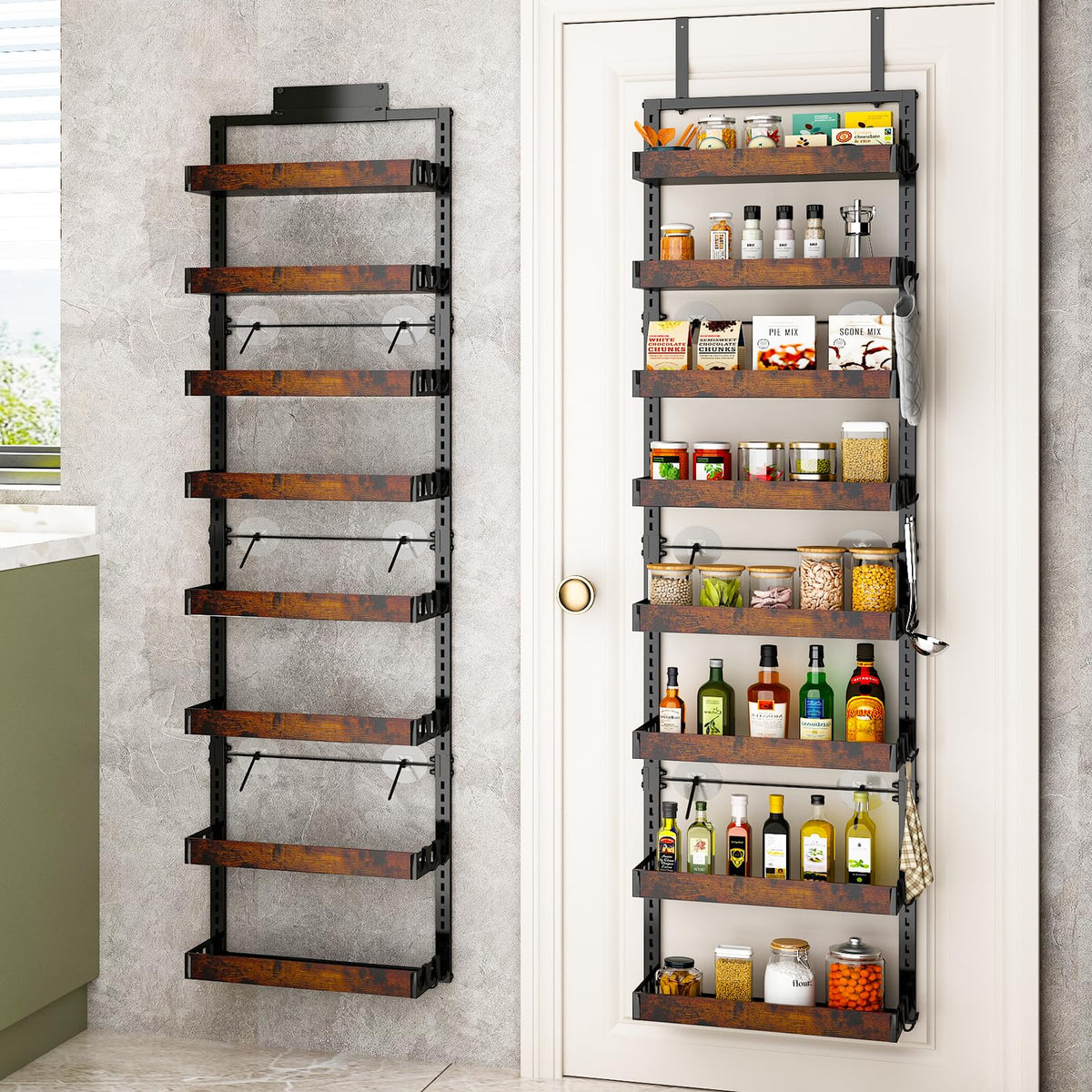 Bukfen over-the-door pantry organizer with 8-tier wooden baskets for clutter-free kitchen storage.