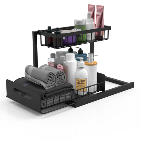 Bukfen pull-out cabinet shelf system keeps items tidy under the sink