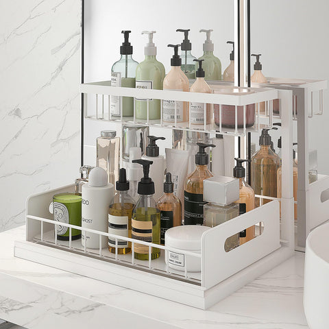 Bukfen slide-out shelves with removable trays for easy cleaning.