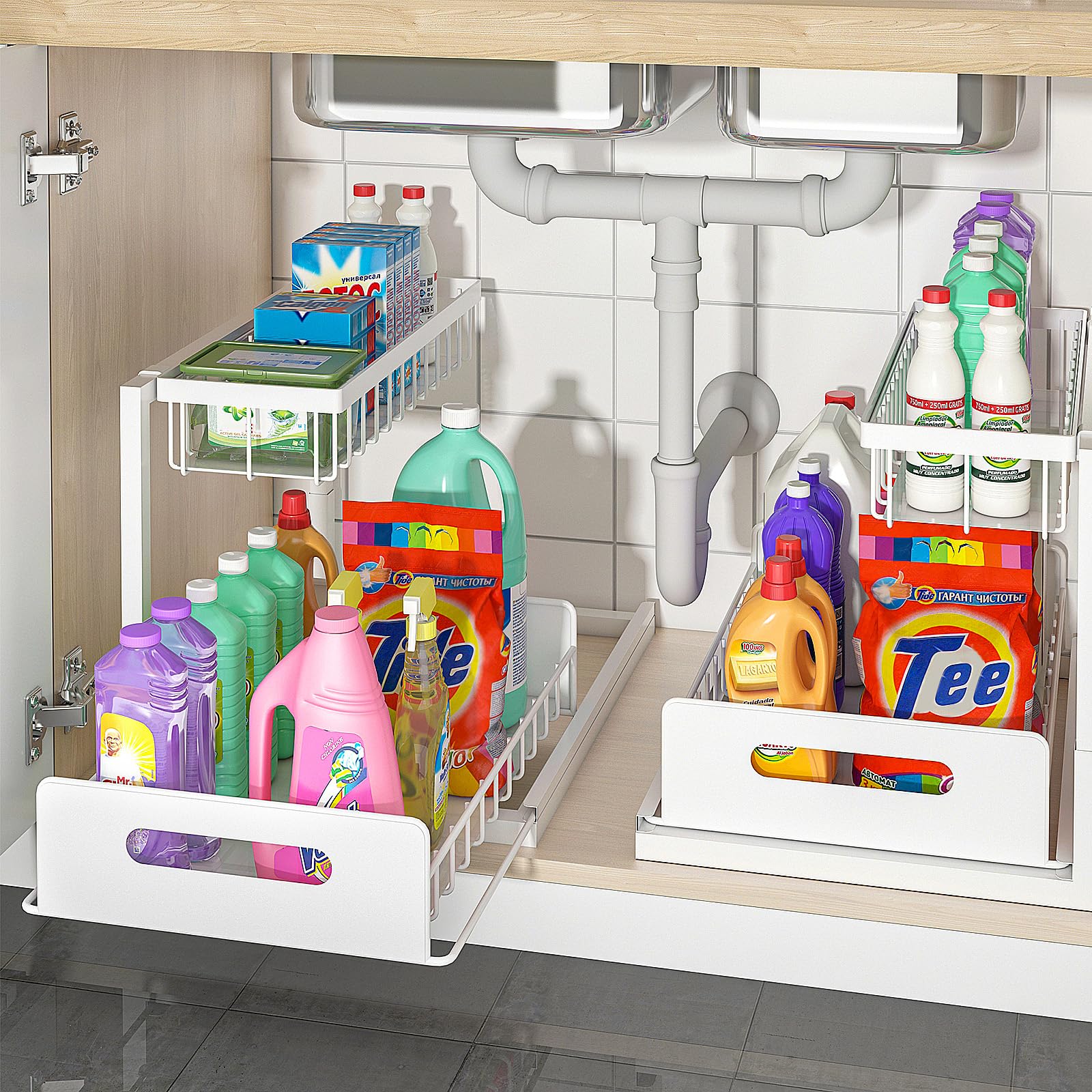 Bukfen 2-tier under-sink organizer with pull-out shelf for easy access.