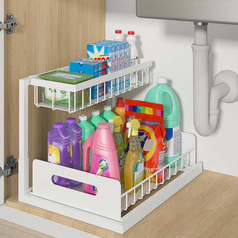 Bukfen under-sink organizer 2-tier improves cabinet access and space.