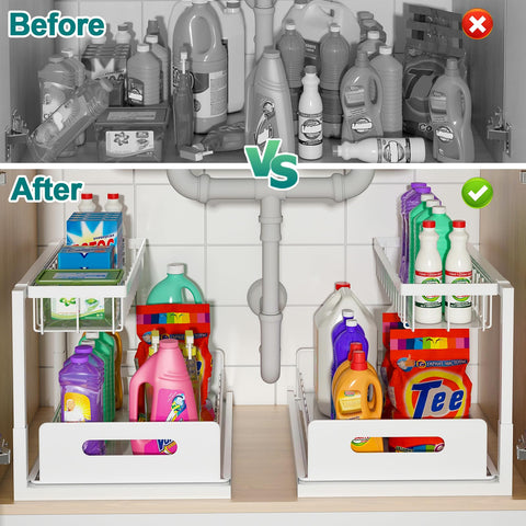 Bukfen under-sink organizer fits left or right side around plumbing.