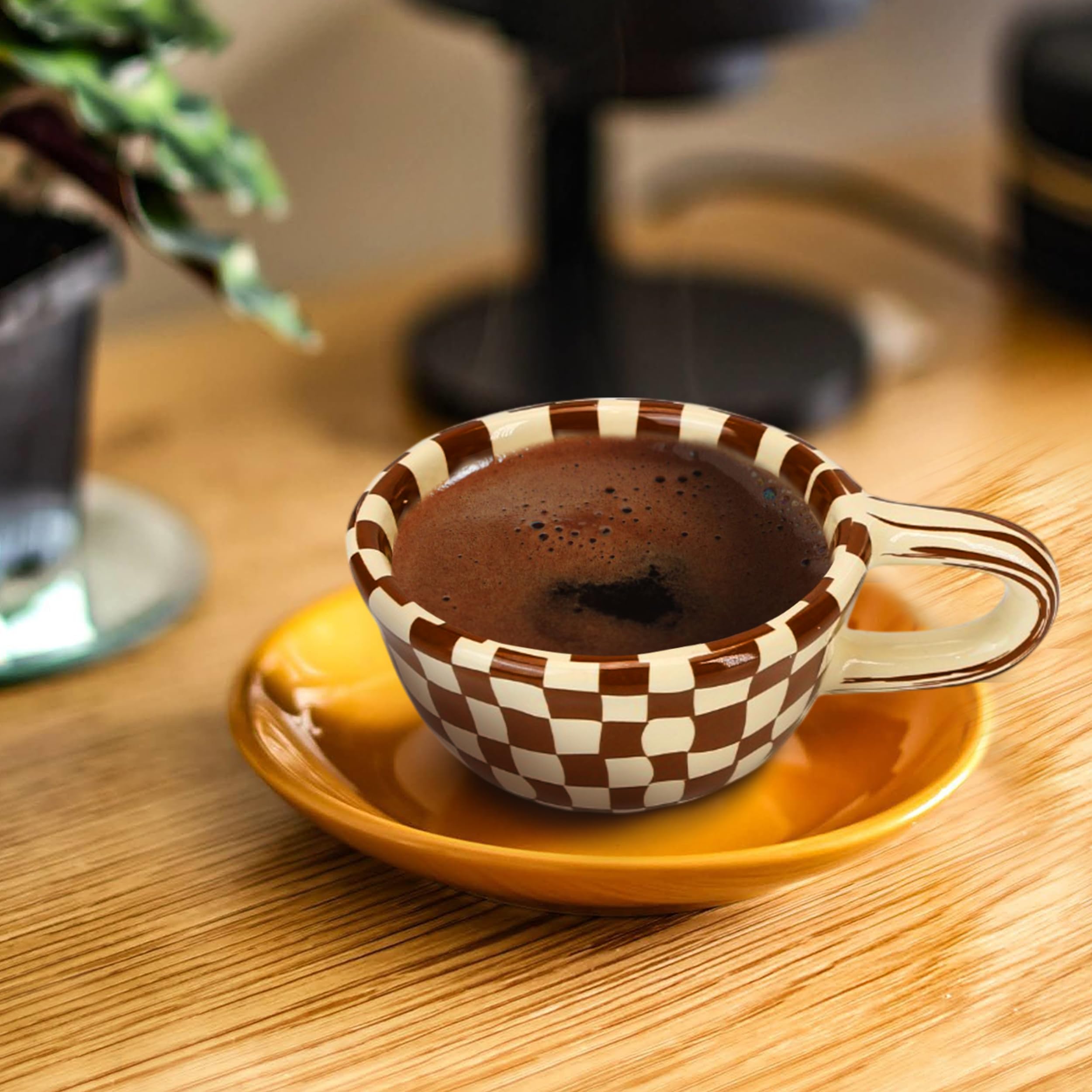 BuleVina checkered mug closeup glaze emphasizes craftsmanship and stain resistance.