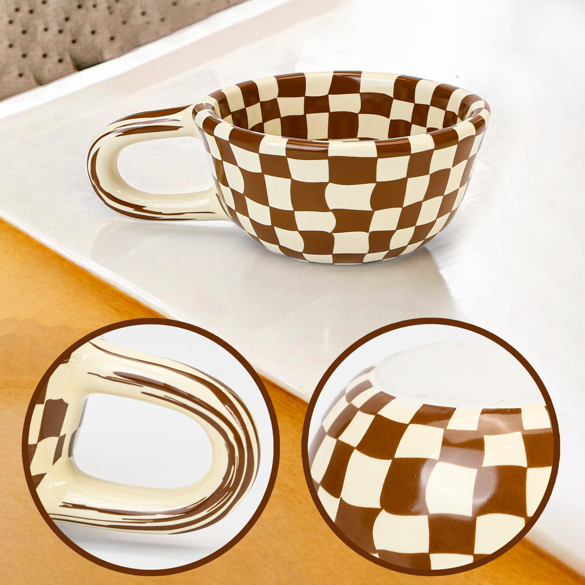 BuleVina checkered mug in kitchen scene highlights versatile use for tea and cocoa.