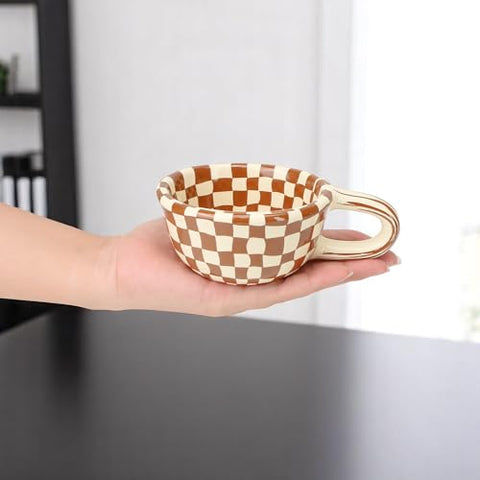 BuleVina checkered mug side view emphasizes sturdy handle and comfortable grip.