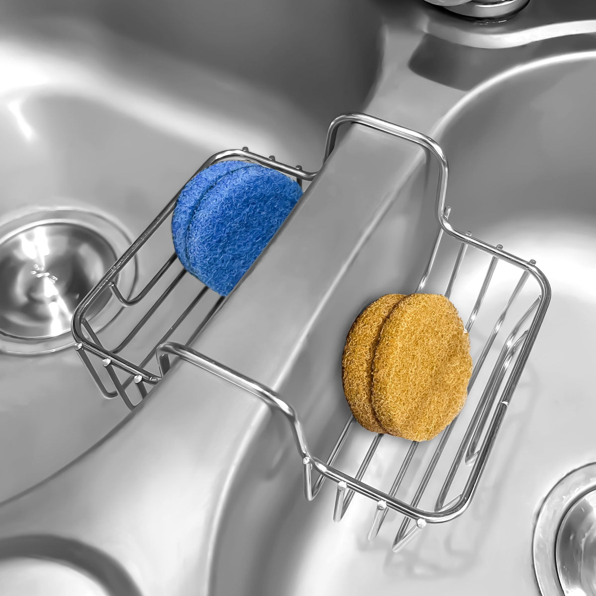 BuleVina sponge holder on sink keeps sponges organized and within reach.
