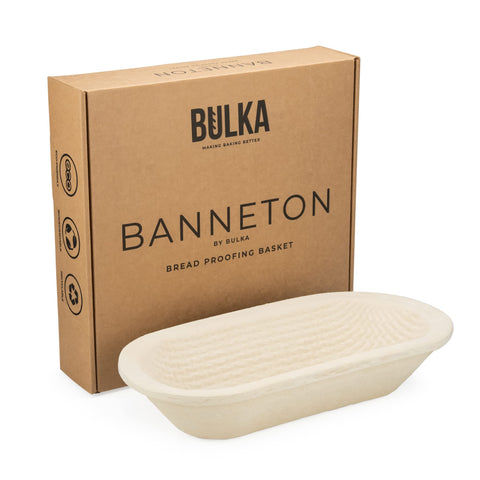 Bulka Brotform oval 1kg dough-proofing basket shown with large loaf.