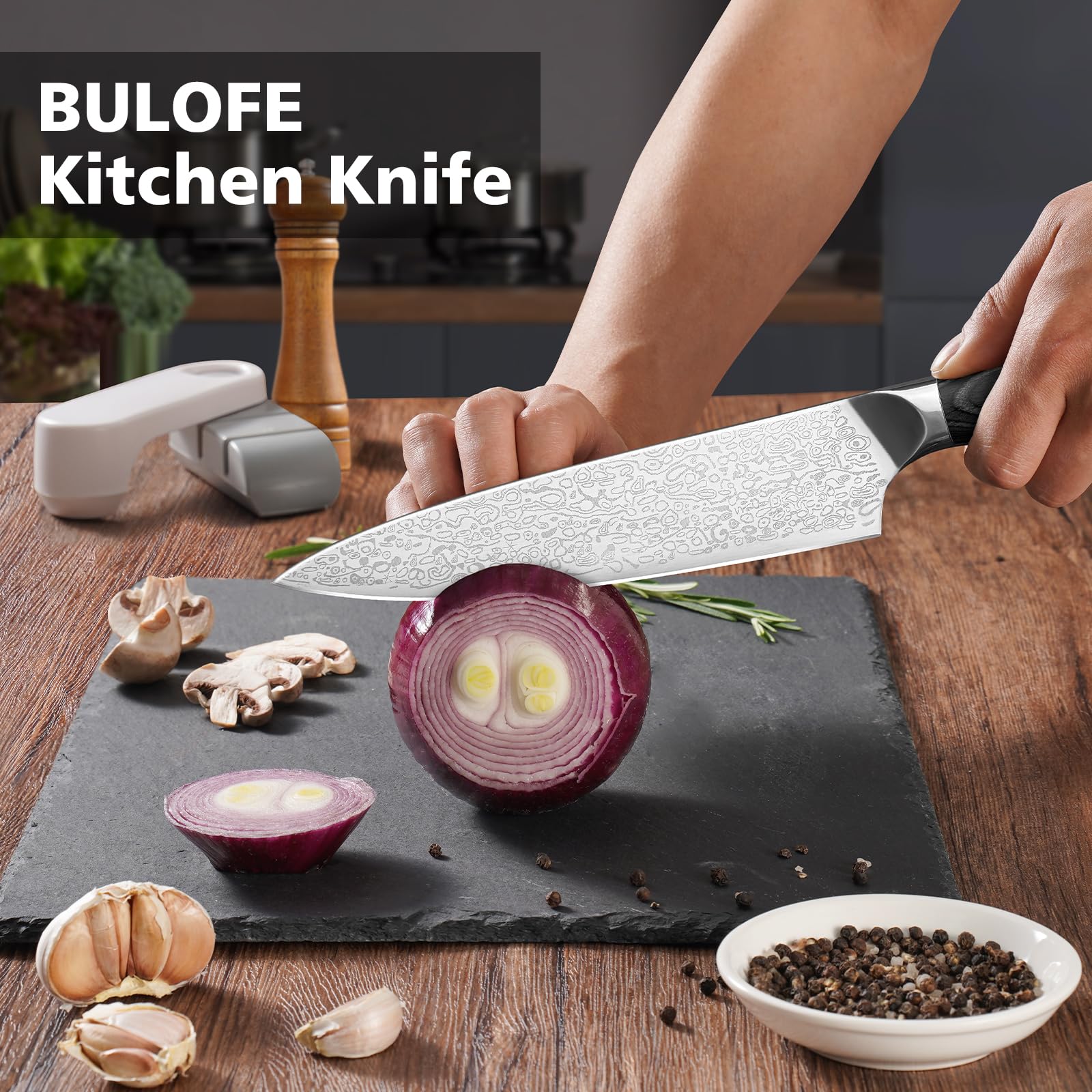Bulofe chef knife with sharpener showing easy maintenance and long lasting sharpness.
