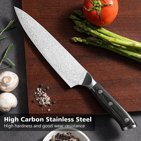 Bulofe ergonomic handle on chef knife for balanced control.