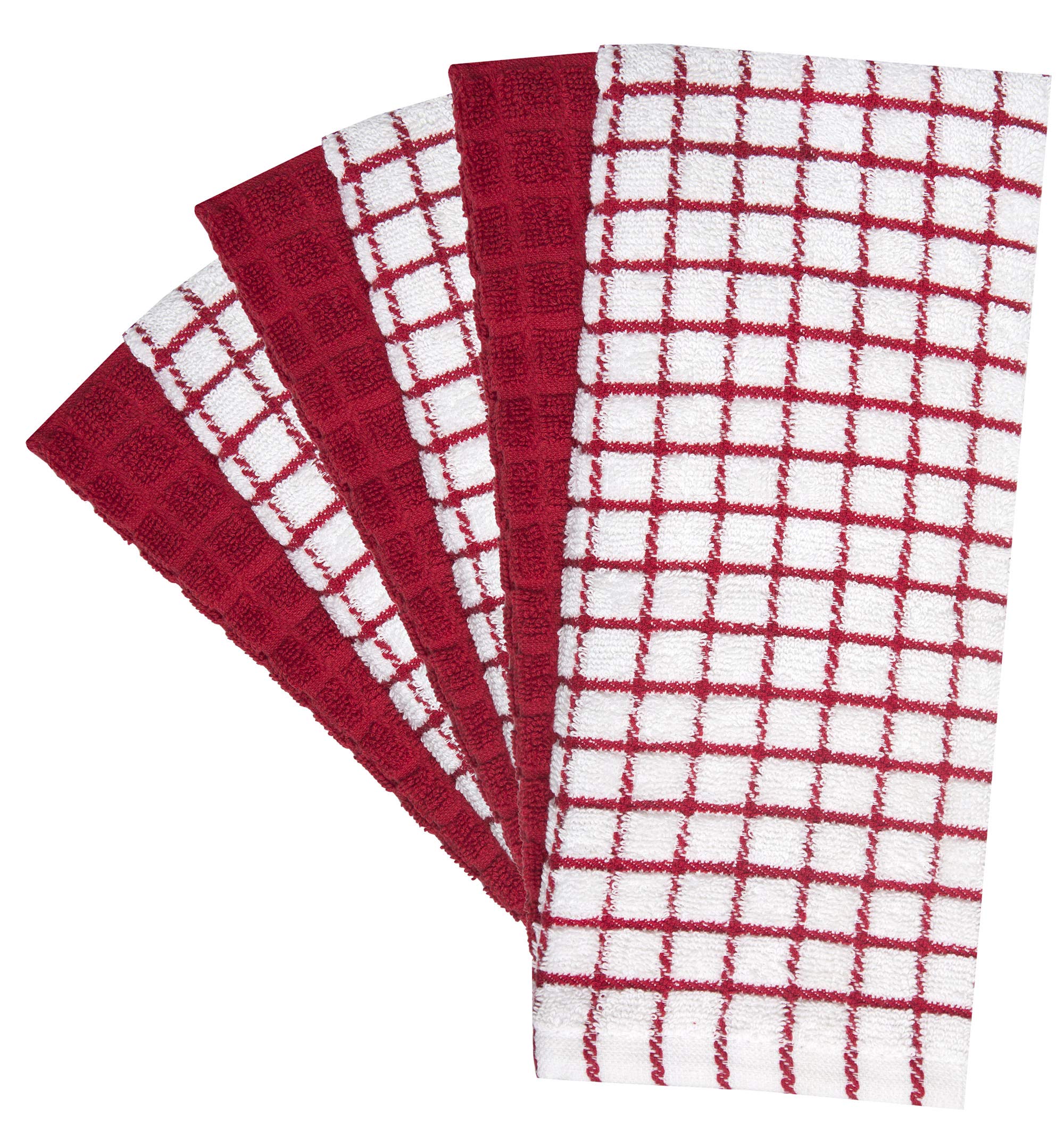 Six red Bumble Kitchen Towels ready for everyday dish drying.