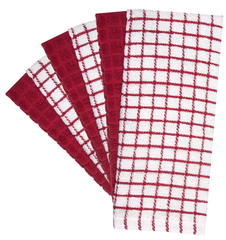 Six red Bumble Kitchen Towels ready for everyday dish drying.
