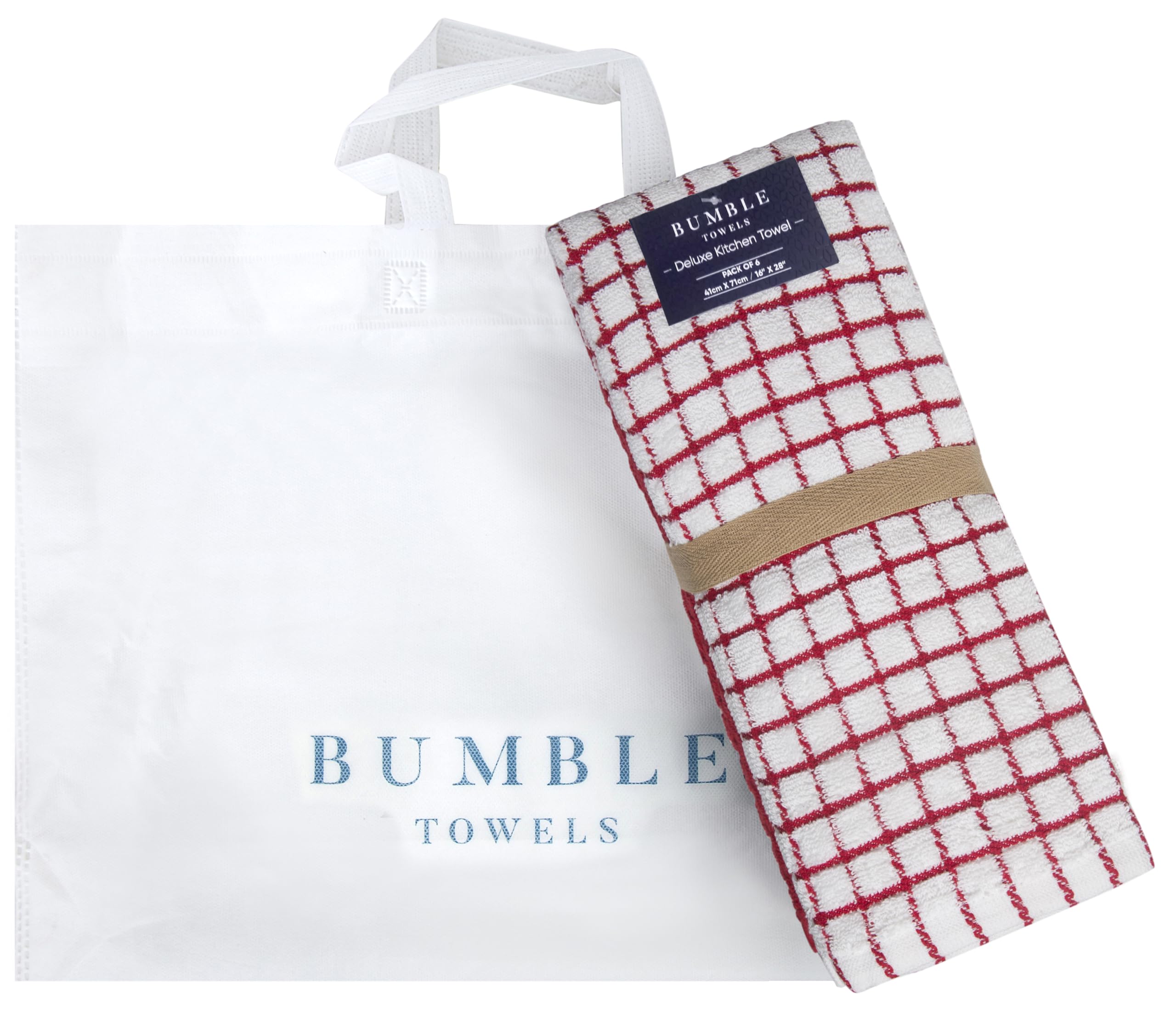 Red Bumble Kitchen Towels ready to refresh kitchen care.