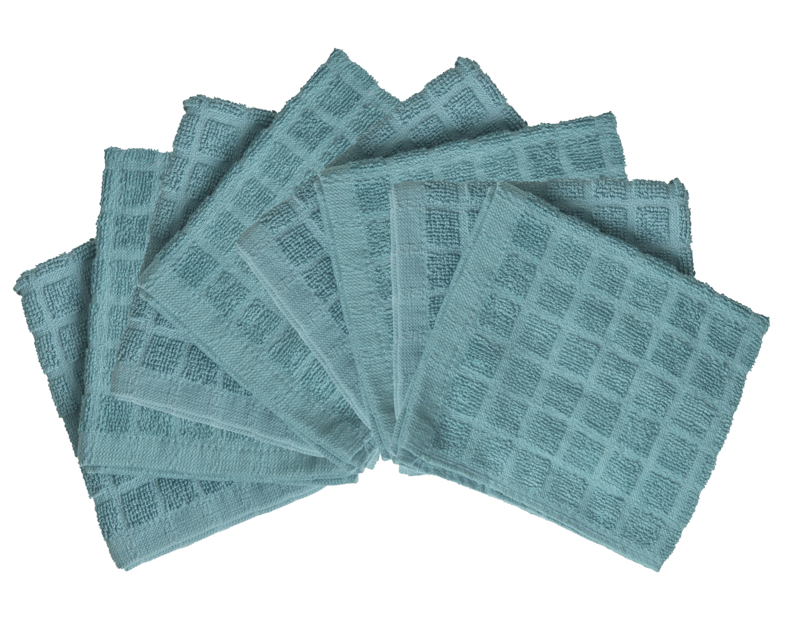 Eight-pack 12x12 cotton towels ready for drying dishes and counter wiping.