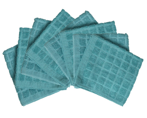 Eight-pack 12x12 cotton towels ready for drying dishes and counter wiping.