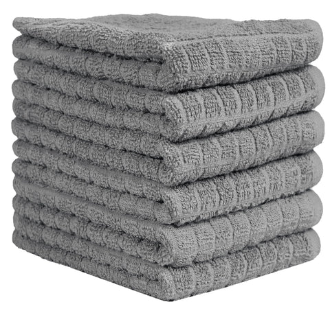 Bumble Towels grey six-pack towels laid flat for countertop cleaning.