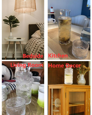 Buminee bedside water carafe on a nightstand for easy access.