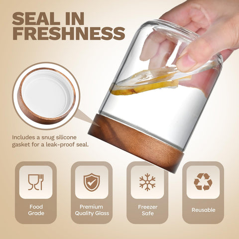 Bumobum glass jar with silicone seal for leak-proof on-the-go meals.