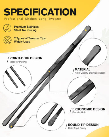 BundlePro 12-inch black tweezers close-up—slender tip for reaching tight spaces.
