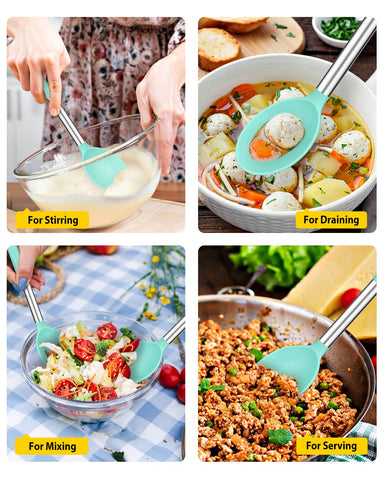 Bundlepro heat-resistant handle spoons in green offer comfortable grip during high-heat cooking.