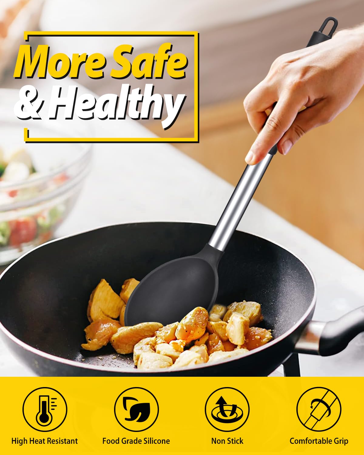 Bundlepro anti-scratch silicone head prevents coating damage during cooking.