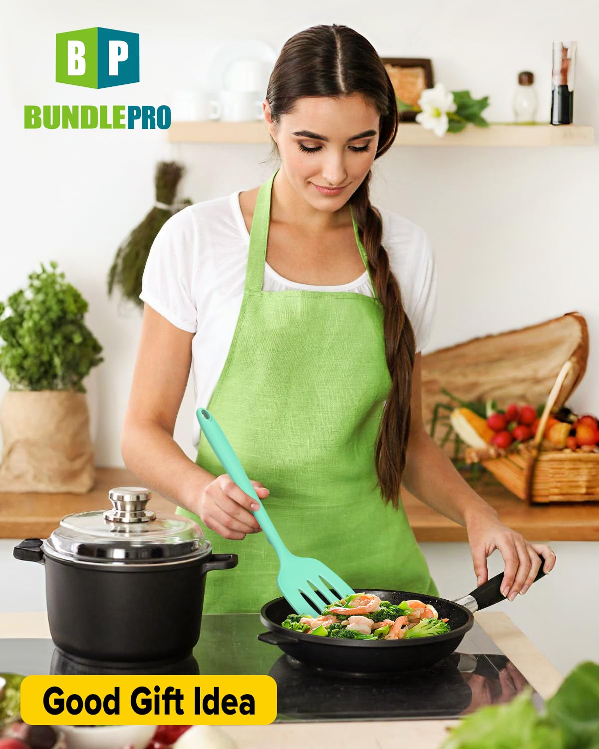 Bundlepro green silicone spatula with hanging hole for quick air-drying and storage.