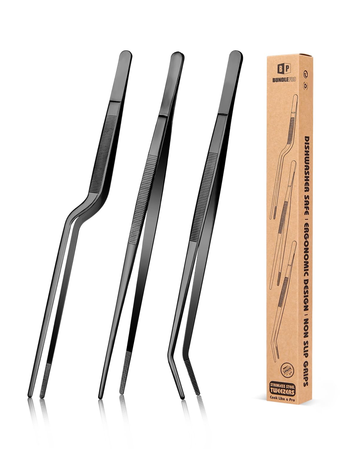 Bundlepro Fine Cooking Tweezers Set in black for precise plating and handling.