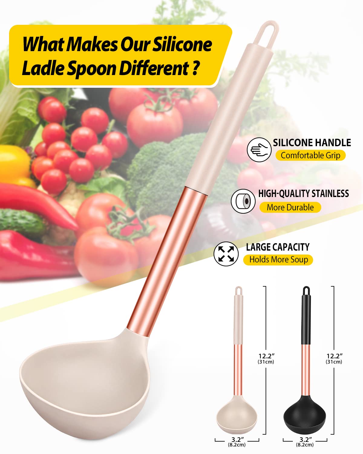 BundlePro ladle spoon in black and khaki enhances nonstick cooking