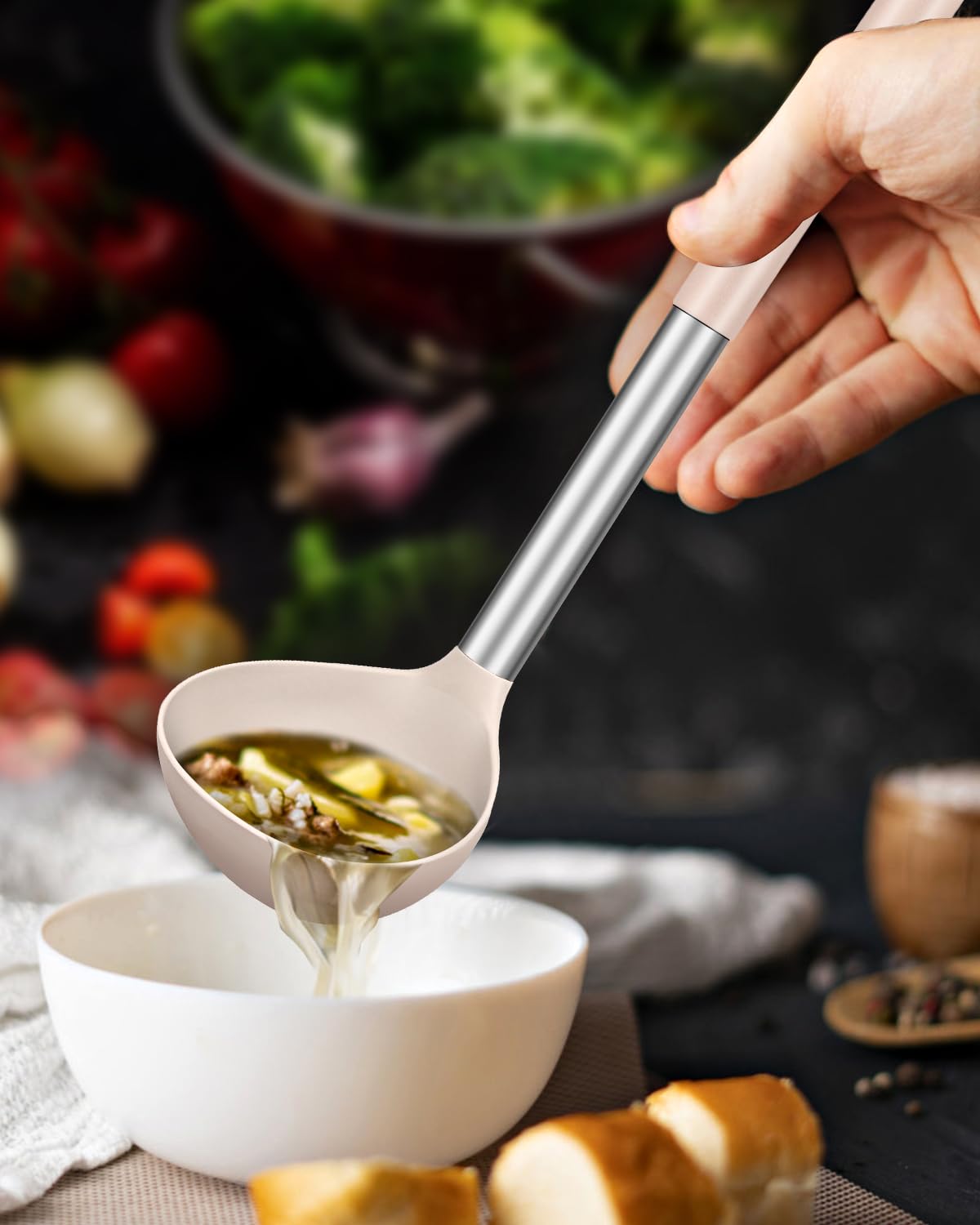 Bundlepro ladle spoon image focusing on non-stick head protects coated pans during stirring.
