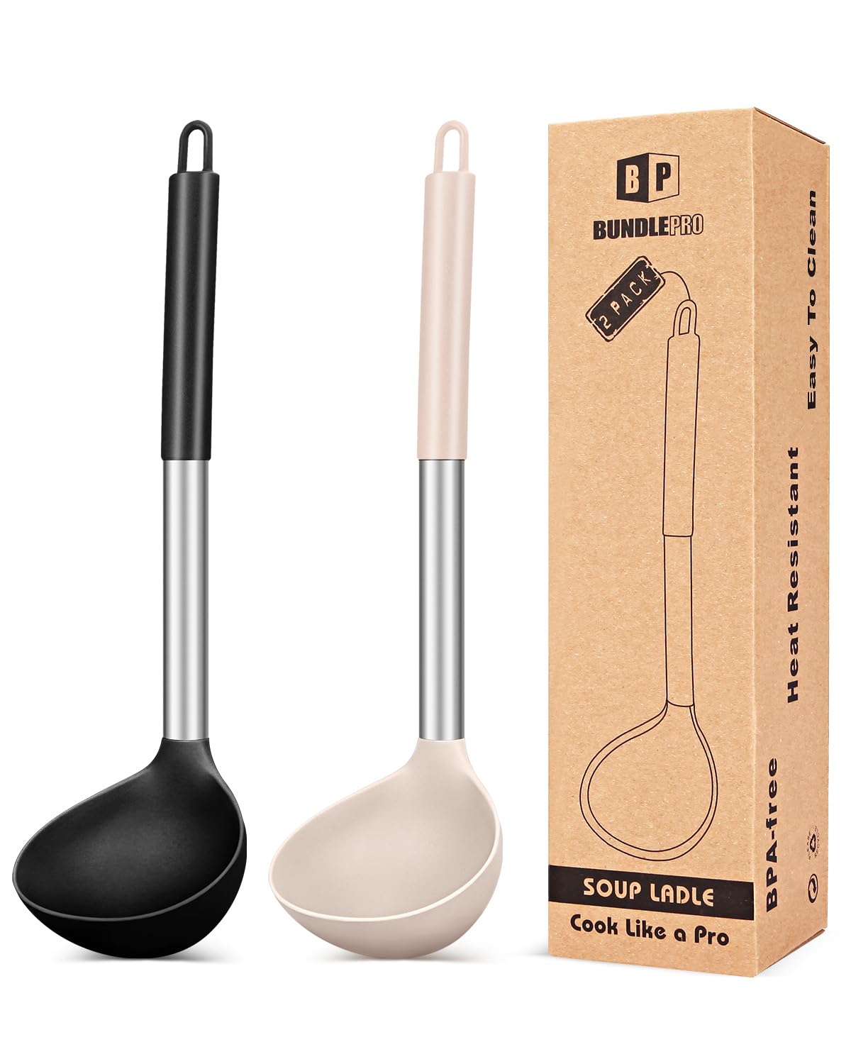 Bundlepro ladle spoon silicone head for safe serving of hot soups without scratching pots.